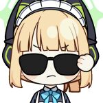  1girl :&lt; adjusting_eyewear animal_ear_headphones animal_ears animated animated_gif apron aqua_bow aqua_bowtie black_dress blonde_hair blue_archive blunt_bangs blunt_ends blush blush_stickers bow bowtie cat_ear_headphones cat_ears chibi chunye_haruya closed_mouth collared_dress commission contrast_collar disembodied_hand dot_nose dress fake_animal_ears green_halo halo hand_on_eyewear headphones light_frown looking_at_viewer lowres maid maid_apron maid_headdress midori_(blue_archive) midori_(maid)_(blue_archive) missing_commentary official_alternate_costume official_alternate_hairstyle pleading_eyes ponytail second-party_source short_hair sidelocks simple_background solo sunglasses transparent_background upper_body white_apron white_headdress 