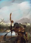 anthro armor colored desert digital_drawing_(artwork) digital_media_(artwork) digital_painting_(artwork) dinosaur fantasy fantasy_weapon gaertan glaive gold_(metal) hi_res holding_glaive holding_melee_weapon holding_object holding_polearm holding_weapon looking_side melee_weapon painting_(artwork) polearm prehistoric_species reptile scales scalie solo spinosaurid spinosaurus tail theropod weapon