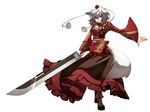  alternate_costume animal_ears boots full_body hat huge_weapon inubashiri_momiji mazuka_kei outstretched_arm ribbon short_hair silver_hair simple_background solo sword tail tokin_hat touhou weapon white_background wide_sleeves wolf_ears wolf_tail 