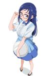  1girl absurdres adjusting_eyewear apron blue_apron blue_bow blue_bowtie blue_eyes blue_hair blue_skirt blush bow bowtie braid checkered_apron checkered_clothes dokidoki!_precure employee_uniform full_body gingham gingham_apron glasses hakuino_hakase high-waist_skirt highres hishikawa_rikka kobeya_uniform long_hair looking_at_viewer plaid_apron plaid_clothes pleated_shirt precure shirt short_sleeves side_braids skirt smile solo tray waitress white_background white_shirt 