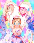  3girls ^_^ arm_up armpits asymmetrical_sidelocks blue_eyes blue_overalls brown_eyes brown_hair buckle buttons closed_eyes closed_mouth collarbone colorful_background commentary_request cropped_shirt dotted_line facing_viewer feet_out_of_frame goggles goggles_on_head hair_ornament hair_scrunchie hairclip hands_up hat head_tilt heart heart_arms heart_arms_trio heart_sticker highres layered_clothes leaning_to_the_side medium_hair mochizuki_honami multiple_girls narumi_kanata o-ring_strap off-shoulder_shirt off_shoulder official_alternate_costume ootori_emu outstretched_hand overall_shorts overalls paint paint_splatter paint_splatter_on_face pants parallel_hairclips pink_hair project_sekai purple_pants scrunchie shinonome_ena shirt short_hair short_sleeves side_ponytail sleeveless smile squatting strap suki_wo_egaite_rainbow_canvas_(project_sekai) text_print 