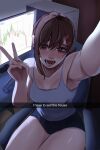  1girl absurdres at_computer black_shorts brown_hair camisole chainsaw_man chair computer computer_tower crying crying_with_eyes_open english_text graph gun hair_ornament hairclip hand_up higashiyama_kobeni highres intel l1amanade looking_at_viewer monitor office_chair outstretched_arm screen_light selfie shorts sitting solo stock_chart swivel_chair tears thighs v weapon white_camisole 