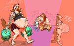 anthro belly beverage big_belly bikini blonde_hair bodily_fluids bottomwear breasts brown_hair brown_tail burger canid canine canis clothed clothing domestic_dog eating english_text feet female food fur hair hi_res huge_belly internal mammal motion_lines multicolored_hair natey_(ritts) nonbinary_(lore) onomatopoeia pregnant pregnant_anthro pregnant_female ritts shorts solo sound_effects standing sweat swimwear tail tan_body tan_fur tattoo teeth text toes topwear two-piece_swimsuit two_tone_hair