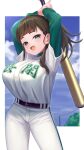  1girl arms_behind_head arms_up baseball baseball_bat baseball_jersey baseball_stadium baseball_uniform belt black_hair blue_eyes breasts fang highres holding holding_baseball_bat huge_breasts jersey large_breasts layered_sleeves light_smile long_sleeves looking_at_viewer metal_baseball_bat mole mole_under_eye open_mouth original short_over_long_sleeves short_sleeves sky solo sportswear striped_belt tented_shirt wotori 