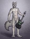  canine dog fluffy fur grey grey_fur guitar invalid_tag male mammal nude sheath simple_background smile solo standing thestory wolf 