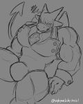 4:5 anthro biceps bluesky_(social_media) bodily_fluids bodysuit bulge claws clothing demon dragon greyscale hi_res kings_of_hell leotard looking_at_viewer mal_leviathan male mask monochrome muscular muscular_anthro muscular_male mythological_creature mythological_scalie mythology pecs pointed_tail scalie skinsuit solo sophymn sweat thick_thighs tight_clothing wrestling_singlet