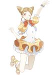  1girl absurdres aikatsu! aikatsu!_(series) arisugawa_otome arm_up bare_arms bead_bracelet beads blue_bow bow bowtie bracelet brooch brown_eyes brown_hair brown_ribbon buttons cardigan circle_skirt cone_hair_bun dot_nose double_bun eyelashes forehead frilled_sleeves frilled_socks frills full_body grin hair_bun hair_ornament hair_scrunchie happy highres idol jewelry jumping kneehighs layered_skirt leg_ribbon mary_janes miniskirt morgue_(southsakura) multicolored_buttons one_eye_closed orange_bow orange_bowtie orange_shoes plaid_cardigan plaid_clothes plaid_skirt pleated_skirt puffy_short_sleeves puffy_sleeves purple_bow ribbon scrunchie shirt shoes short_hair short_sleeves simple_background skirt smile socks solo white_background white_shirt white_skirt yellow_cardigan yellow_scrunchie yellow_skirt yellow_socks 