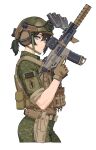 1girl absurdres ammunition_pouch assault_rifle black_hair blue_eyes brown_gloves bulletproof_vest camouflage camouflage_jacket camouflage_pants closed_mouth combat_helmet cropped_legs gloves green_jacket green_pants gun handgun helmet highres holding holding_gun holding_weapon holster holstered jacket kuso_otoko lillie_(uragoner) looking_at_viewer pants ponytail pouch rifle short_hair short_ponytail sig_mcx sig_sauer sig_sauer_p320 simple_background sleeves_rolled_up solo suppressor tactical_clothes trigger_discipline uragoner weapon white_background 
