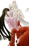  2girls black_hair bow dancing earth_move1123 fujiwara_no_mokou hair_bow highres holding_hands houraisan_kaguya japanese_clothes kimono long_hair looking_at_another multiple_girls pants pink_kimono red_eyes red_pants red_skirt shirt simple_background skirt smile suspender_pants touhou white_background white_hair white_shirt 