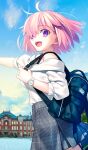  1girl :d backpack bag black_bag blue_sky breasts cloud commentary_request cowboy_shot day fate/grand_order fate_(series) floating_hair game_cg grey_skirt hair_over_one_eye hand_up holding_strap looking_at_viewer mash_kyrielight medium_hair miniskirt off-shoulder_shirt off_shoulder official_alternate_costume official_art outdoors outstretched_arm photo_background pink_hair pleated_skirt purple_eyes shirt skirt sky smile solo takeuchi_takashi third-party_source three-quarter_sleeves watch white_shirt wristwatch 