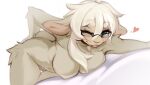anthro big_breasts blep blue_eyes bovid breasts bulochka caprine female fur hair heart_symbol hi_res looking_at_viewer mammal nude nude_female one_eye_closed pinup pose sheep simple_background solo tan_body tan_fur thigh_gap tongue tongue_out white_hair wilma_the_sheep