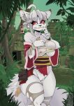 2025 anthro asian_clothing big_breasts breasts canid canine clothing east_asian_clothing female fluffy fluffy_tail forest fox fur genitals hair hi_res japanese_clothing jungle kimono mammal nipples ofuda pink_nipples plant red_eyes ruins senkou_(jamesthegamer2) solo tail talisman thick_thighs torn_clothing tree vulva white_body white_fur white_hair wide_hips yawg