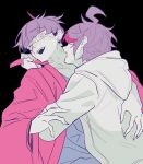  2boys ahoge bite_mark bite_mark_on_neck black_background blood blood_in_mouth blush clothes_tug earrings eye_print eyepatch grey_kimono hand_on_another&#039;s_arm hand_on_another&#039;s_back haori highres hood hoodie japanese_clothes jewelry kimono looking_at_another male_focus mito_(commando_seagal) multicolored_hair multiple_boys nose_blush omokage_yugamu pink_haori print_eyepatch purple_hair red_streaks short_hair simple_background smile streaked_hair sumino_takumi teeth the_hundred_line_-last_defense_academy- white_hoodie yaoi 
