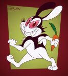 2023 anthro artist_name black_body black_ears black_fur black_tail bunnicula bunnicula_(series) carrot digital_media_(artwork) fangs food fur gavanzude grin hi_res holding_carrot holding_food holding_object holding_vegetable lagomorph leporid long_ears looking_at_viewer male mammal multicolored_body multicolored_fur pink_sclera plant rabbit red_eyes scut_tail sharp_teeth short_tail side_view smile solo tail teeth text two_tone_body two_tone_fur two_tone_tail vampire vegetable walking white_body white_fur white_nose white_tail