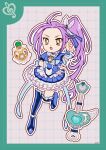 1girl aqua_border blue_arm_warmers blue_boots blue_bow blue_bowtie blue_choker blue_flower blue_rose blue_shirt blue_skirt boots border bow bowtie brooch choker circle_skirt cure_beat deformed determined dot_nose dotted_line electric_guitar eyelashes feather_hair_ornament feathers flower forehead frilled_arm_warmers frilled_footwear frilled_shirt frilled_skirt frilled_sleeves frills grey_background grid_background guitar hair_ornament hair_ribbon heart heart_brooch heart_hair_ornament high_heel_boots high_heels high_ponytail highres instrument jewelry kurokawa_eren leg_up long_hair magical_girl open_mouth outline petticoat ponytail precure puffy_short_sleeves puffy_sleeves purple_hair ribbon rose shirt short_sleeves sidelocks signature skirt solo suite_precure thigh_boots tsurime two-tone_skirt uwded_207 very_long_hair white_outline white_skirt yellow_eyes 