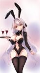  1girl admiral_zenker_(azur_lane) animal_ears azur_lane black_leotard black_thighhighs breasts cleavage closed_mouth clothing_cutout fake_animal_ears groin highres holding holding_tray impasto large_breasts leotard long_hair long_sleeves looking_at_viewer modothirly navel navel_cutout orange_eyes playboy_bunny rabbit_ears red_hair red_streaks smile solo thighhighs tray very_long_hair white_hair wrist_cuffs 