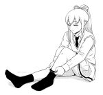  1boy blush bow closed_mouth collared_shirt commentary_request crossdressing crossdressing_(mtf) full_body greyscale hair_bow half-closed_eyes knee_up long_hair long_sleeves looking_down male_focus miniskirt monochrome necktie no_shoes pleated_skirt ponytail putting_on_legwear school_uniform shirt sidelocks simple_background sitting skirt sock_pull socks solo striped_bow sweater_vest trap twitter_username wada_(watamote) watashi_ga_motenai_no_wa_dou_kangaetemo_omaera_ga_warui! white_background wig yashiro_aki 