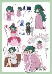  3girls absurdres alternate_costume alternate_hair_length alternate_hairstyle animal_ears blue_hair border broom closed_mouth commentary_request crossed_legs dress feet_out_of_frame frilled_dress frills green_border green_eyes green_hair hat highres hijiri_byakuren idol idol_clothes jewelry kasodani_kyouko kasodani_kyouko_(choujuu_gigaku) kumoi_ichirin long_hair long_sleeves multiple_girls multiple_views necklace official_alternate_costume open_mouth pink_dress pink_scarf scarf shio_(futatsumami) short_hair shouting sitting sleeveless sleeveless_dress sunglasses top_hat touhou translation_request white_background white_dress 