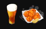  alcohol beer beer_mug black_background chicken_(food) cup foam food fried_chicken fruit glass highres hisachan55cute lemon lemon_slice mug no_humans original pixel_art plate scenery simple_background steaming_food 