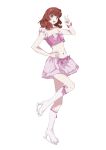  1girl absurdres bare_arms bare_shoulders boots bow bow_skirt bowtie brown_hair choker commentary_request eyelashes footwear_bow frilled_straps full_body hand_on_own_hip happy harune_aira high_heel_boots high_heels highres ice_skates knee_boots lace-trimmed_choker lace-trimmed_shirt lace_trim medium_hair midriff miniskirt morgue_(southsakura) navel open_mouth pink_bow pink_bowtie pink_choker pink_shirt pink_skirt pleated_skirt pretty_rhythm pretty_rhythm_aurora_dream pretty_series red_eyes shirt simple_background single_strap skates skirt sleeveless sleeveless_shirt smile solo swept_bangs v wavy_hair white_background white_boots wrist_bow 