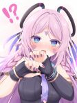  !? 1girl armlet asymmetrical_sleeves blue_eyes blush bracelet braid breasts citlali_(genshin_impact) detached_sleeves facial_mark feathers fingernails floating_headgear forehead_mark genshin_impact headgear jewelry large_breasts leotard long_hair long_sleeves looking_at_viewer nail_polish natsu_(927013) necktie open_mouth pink_feathers pink_hair pink_necktie pink_pupils purple_feathers purple_leotard purple_necktie purple_sleeves ribbed_leotard ribbed_sleeves ring_hair_ornament simple_background solo triangle triangle_facial_mark uneven_sleeves white_background 