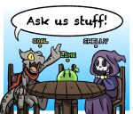2025 ambiguous_gender animated_skeleton anthro biped black_eyes black_text bone cape chair clothed clothing coal_(rakkuguy) dialogue english_text exclamation_point eyelashes female_(lore) furniture goo_creature green_body green_text grey_body group kobold lime_(rakkuguy) name_drop on_chair open_mouth open_smile pupils rakkuguy red_cape red_clothing robe scalie shelley_(rakkuguy) sitting sitting_on_chair skeleton smile speech_bubble table tail text tongue trio undead white_text wood wood_chair wood_furniture wood_table yellow_eyes yellow_text