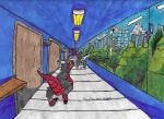 absurd_res ambiguous_gender black_body black_fur blue_eyes city city_background cityscape dinosaur dragon dragonscape drekir dromaeosaurid duo feral fur grey_body grey_scales hi_res horn miguel_the_divine_dragon mythological_creature mythological_scalie mythology orange_body orange_scales plant prehistoric_species red_body red_scales reptile scales scalie tail theropod traditional_media_(artwork) tree yellow_eyes