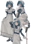  1boy ;o absurdres ahoge alternate_costume apron black_bow black_bowtie black_ribbon black_shoes black_sleeves blue_eyes blue_hair bow bowtie broom buttons cardfight!!_vanguard collared_shirt commentary_request cowboy_shot crossdressing crossdressing_(mtf) dress enmaided frilled_dress frills full_body hair_ribbon highres holding holding_broom juliet_sleeves kneeling long_dress long_sleeves looking_at_viewer looking_back maid maid_headdress male_focus male_maid mary_janes medium_hair morgue_(southsakura) multiple_views one_eye_closed one_side_up open_mouth pantyhose puffy_sleeves ribbon sendou_aichi shirt shirt_under_dress shoes simple_background skirt_hold sleeve_cuffs sweatdrop swept_bangs white_apron white_background white_dress white_pantyhose white_shirt white_sleeve_cuffs wiping_sweat 