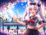  1girl anchor_choker animal_ear_fluff animal_ears azur_lane black_skirt blue_sky destroyer fang highres midriff military_vehicle miniskirt open_mouth personification sdftehn ship shirt short_sleeves skin_fang skirt sky solo vehicle_and_personification warship water watercraft white_hair white_shirt yukikaze_(azur_lane) yukikaze_(destroyer) 