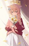  1girl absurdres alternate_costume animal_ears blue_archive blue_eyes blush braid cat_ears cat_girl closed_mouth commentary flower hair_between_eyes hair_flower hair_ornament halo highres holding holding_flower long_hair long_sleeves mari_(blue_archive) muo_(muojjang_0929) orange_hair red_shirt shirt skirt smile solo twin_braids twintails white_skirt yellow_halo 