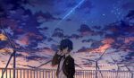  1boy adjusting_hair arm_behind_head behind-the-head_headphones black_jacket blazer blue_sky closed_eyes cloud cloudy_sky digital_media_player dress_shirt evening facing_to_the_side hair_over_one_eye hand_in_own_hair hand_in_pocket hand_up headphones jacket lanyard listening_to_music male_focus open_clothes open_jacket outdoors persona persona_3 purple_sky railing school_uniform shirt shooting_star sky smile star_(sky) tsukitaka turning_head watermark white_shirt windmill yuuki_makoto_(persona_3) 