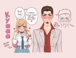  1boy 1girl artist_name blonde_hair blue_necktie blue_skirt blush bracelet brown_hair closed_eyes collar commentary cosplay embarrassed english_commentary english_text facial_hair gojou_wakana gradient_hair gyaru heart highres jewelry kiryu_kazuma kiryu_kazuma_(cosplay) kitagawa_marin littlealzi long_hair mole mole_under_eye multicolored_hair necktie open_mouth pink_hair ring ryuu_ga_gotoku_(series) shirt simple_background skirt smile sono_bisque_doll_wa_koi_wo_suru speech_bubble sweat tied_shirt two-tone_hair white_shirt 
