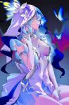  1girl armlet blue_butterfly blue_hair blue_veil breasts bug butterfly closed_eyes closed_mouth collarbone colored_eyelashes commentary dress hand_up hashtag-only_commentary highres jewelry long_hair medium_breasts revision serpent_(pepepp39) shorekeeper_(wuthering_waves) sleeveless sleeveless_dress solo thighs two-tone_veil veil white_dress white_veil wuthering_waves 
