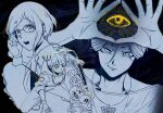  1boy 2girls adjusting_eyewear b1ue_e4rth blue_theme collared_shirt commentary_request cone_hair_bun double_bun eye_of_providence frilled_shirt frilled_sleeves frills fukurai_azami glasses hair_bun hand_on_eyewear hand_up hands_up jasmine_(toshi_densetsu_kaitai_center) jumpsuit korean_commentary long_sleeves looking_at_viewer meguriya_ayumu monochrome multiple_girls open_mouth shirt short_hair smile smirk toshi_densetsu_kaitai_center toshikai-kun triangle_hands triangle_necklace upper_body 
