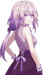  1girl alternate_costume back_ribbon black_skirt castorice_(honkai:_star_rail) commentary english_commentary grey_sweater hair_intakes highres honkai:_star_rail honkai_(series) long_hair looking_at_viewer pointy_ears prickly-chan_(ycactussprout) purple_eyes purple_hair purple_ribbon ribbed_sweater ribbon simple_background skirt sleeveless sleeveless_turtleneck smile solo sweater turtleneck very_long_hair white_background wrist_cuffs 