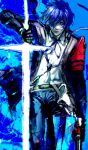  1boy blue_hair digital_media_player digital_walkman earphones_removed evoker gekkoukan_high_school_uniform headphones highres holding holding_sword holding_weapon kyezzzz male_focus persona persona_3 persona_3_reload s.e.e.s school_uniform solo sword walkman_nw-s203f weapon yuuki_makoto_(persona_3) 