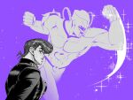  2boys abs arms_up bare_pectorals black_coat clenched_hands coat collared_coat crazy_diamond d0rii diamond_wa_kudakenai earrings gakuran heart higashikata_josuke highres jewelry jojo_no_kimyou_na_bouken looking_ahead male_focus multiple_boys open_mouth pectorals piercing pompadour popped_collar profile purple_background school_uniform short_hair sparkle stand_(jojo) stud_earrings teeth upper_body 