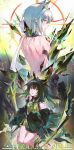 1other 3girls absurdres ahoge amiya_(arknights) animal_ear_fluff animal_ears arknights bare_back bare_shoulders black_hair black_jacket bright_pupils closed_mouth colored_inner_hair doctor_(arknights) faceless faceless_female green_eyes green_hair grey_hair hair_between_eyes highres hood hood_up hooded_jacket huge_ahoge jacket kal&#039;tsit_(arknights) knees_together_feet_apart looking_at_viewer material_growth medium_hair mon3tr_(arknights) mon3tr_(summon)_(arknights) multicolored_hair multiple_girls off_shoulder open_mouth oripathy_lesion_(arknights) profile shaokao_lajitong short_hair sleeves_past_fingers sleeves_past_wrists white_pupils 