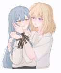  2girls absurdres bang_dream! bang_dream!_it&#039;s_mygo!!!!! blonde_hair blue_hair blush bound bound_wrists commentary firman_acker hair_down highres long_hair long_sleeves medium_hair misumi_uika multiple_girls parted_lips purple_eyes shirt short_sleeves simple_background togawa_sakiko upper_body white_background white_shirt yellow_eyes yuri 