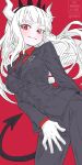  1girl black_necktie blazer blush breasts collared_shirt demon_girl demon_horns demon_tail dutch_angle gloves grey_pants helltaker highres horns jacket long_hair looking_at_viewer lucifer_(helltaker) necktie one_side_up pants red_background red_eyes red_shirt shirt small_breasts solo standing tail very_long_hair white_gloves white_hair xel4 