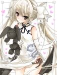  1girl akatsuki_(ggsy7885) alternate_costume black_panties blonde_hair blush bow braid breasts brown_eyes china_dress chinese_clothes closed_mouth commentary_request cowboy_shot dragon_print dress elbow_gloves eyes_visible_through_hair gloves hair_between_eyes hair_bow half_up_braid hand_up heart highres holding holding_stuffed_toy huge_bow kasugano_sora long_hair looking_at_viewer nose_blush panties pelvic_curtain print_dress side-tie_panties simple_background skirt_hold sleeveless sleeveless_dress small_breasts solo straight_hair stuffed_animal stuffed_rabbit stuffed_toy twintails twitter_username underwear very_long_hair watermark white_background white_bow white_dress white_gloves yosuga_no_sora 