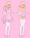  1boy absurdres artist_name blonde_hair brown_eyes chastity_cage colored_chastity_cage corset deviantart_username dress elbow_gloves gloves high_heels highres long_hair multiple_views original patreon_username pink_background pink_corset pink_dress pink_horizons pink_shoes shoes simple_background testicles thighhighs trap web_address white_gloves white_thighhighs 
