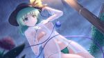  1girl :i bikini black_hat blush breasts closed_mouth expressionless from_below gradient_background green_bikini green_eyes green_hair hands_up hat hat_ribbon heart heart_of_string highres hip_focus komeiji_koishi looking_at_viewer looking_down lzh medium_breasts medium_hair navel one_eye_closed outdoors rain ribbon see-through_clothes see-through_shirt shirt solo stomach swimsuit third_eye touhou wet wet_bikini wet_clothes wet_shirt white_shirt yellow_ribbon 
