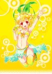  arm_up armpits bikini blonde_hair blush bottle bracelet breasts c.c._lemon c.c._lemon_(character) food front-tie_top fruit jewelry lemon medium_breasts navel open_mouth print_sarong red_eyes ring sarong short_hair smile solo strap_gap swimsuit thigh_gap thighhighs white_sarong yanagi_yuu yellow_bikini yellow_legwear 