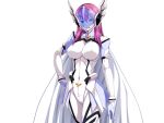  1girl blue_eyes bodysuit breasts cape covered_navel covered_nipples face_shield game_cg gentle_sasaki hand_on_own_hip helmet large_breasts long_hair looking_at_viewer non-web_source official_art open_mouth pink_hair prism_reica shindou_hatsune skin_tight smile solo soukou_senki_prism_reica transparent_background white_bodysuit 