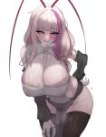  1girl absurdres alternate_costume antenna_hair arthropod_girl bare_shoulders black_sleeves black_thighhighs blunt_bangs blush breasts bug cleavage cleavage_cutout clothing_cutout cockroach_girl commentary cowboy_shot detached_sleeves dress facial_mark hand_on_own_hip highres indie_virtual_youtuber large_breasts leaning_forward long_hair looking_at_viewer matara_kan mayoa monster_girl multicolored_eyes multicolored_hair parted_lips pink_hair red_eyes simple_background skindentation slit_pupils smile solo sweat thighhighs two-tone_eyes two-tone_hair very_sweaty virtual_youtuber white_background white_dress white_hair yellow_eyes 