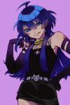  ahoge belt black_dress black_gloves blue_eyes bridal_gauntlets crossdressing crossdressing_(mtf) dress elbow_gloves gloves highres kr27 licking_lips long_hair mairimashita!_iruma-kun purple_background simple_background suzuki_iruma tongue tongue_out 
