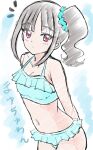  1girl absurdres aqua_bikini arms_behind_back bare_arms bikini blue_scrunchie blunt_bangs breasts cleavage collarbone grey_hair hair_ornament hair_scrunchie highres hiragizaka_aoi long_hair navel nekoyashiki_mayu parted_lips precure red_eyes scrunchie side_ponytail sketch small_breasts solo swimsuit wonderful_precure! 