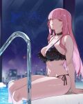  1girl absurdres arm_support bare_shoulders bikini black_bikini breasts building city_lights cleavage closed_mouth collarbone commentary english_commentary frilled_bikini frills highres hololive hololive_english large_breasts long_hair looking_at_viewer mori_calliope navel night ninochuu pink_eyes pink_hair pink_lips pool pool_ladder shiny_skin side-tie_bikini_bottom signature sitting sky solo star_(sky) starry_sky stomach swimsuit thighs virtual_youtuber window 