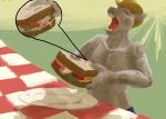 2011 anthro brown_body brown_fur checkered_table_cloth clothed clothing colored cougar cowboy_hat duo equid equine eyes_closed felid feline food fur green_background grey_body grey_fur hat headgear headwear holding_food holding_object holding_sandwich horse imminent_oral_vore imminent_vore jeri_kleinlowe macro male male/male mammal micro muscular muscular_male open_mouth outside plate sandwich_(food) scared simple_background sunny tablecloth tail tan_body tan_fur teeth tongue topless unaware_pred wide_eyed